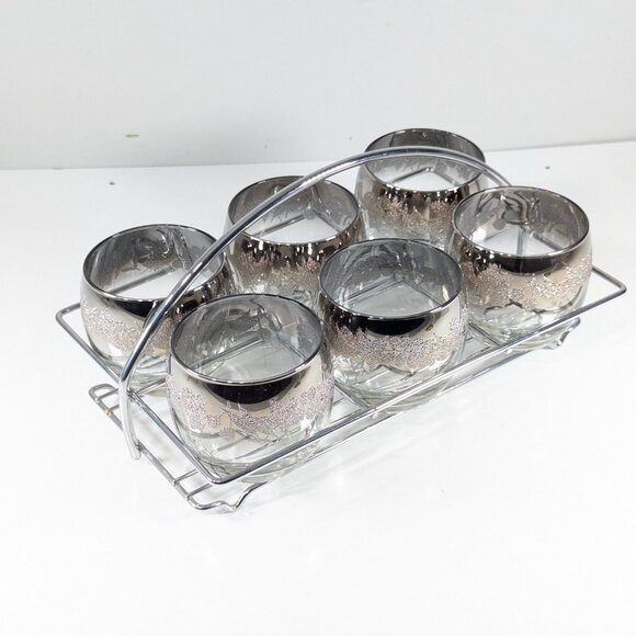 MCM chromed bar caddy with 6 Silver ombre fade Fade Roly Poly cocktail glasses - Picture 2 of 9